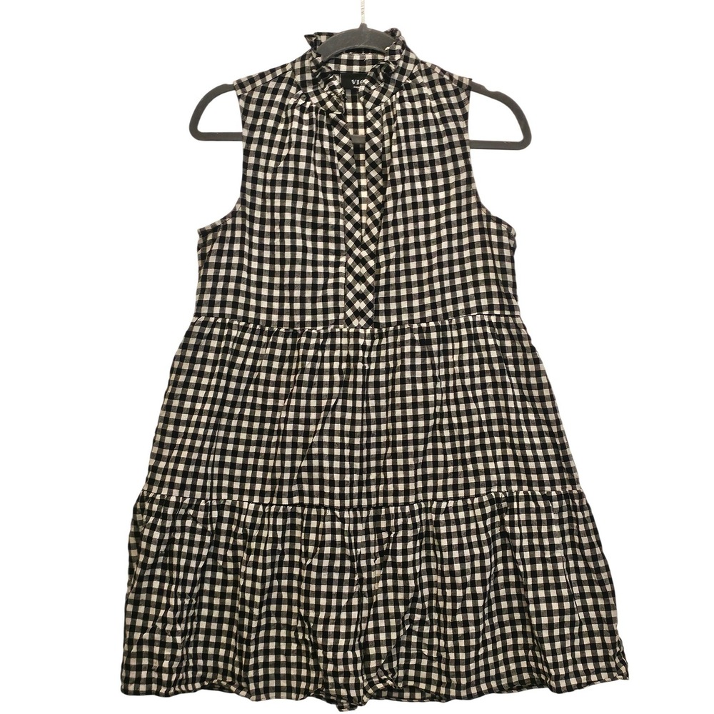 VICI Womens Black White Gingham Tiered Babydoll Mini Dress Cotton Medium 1736